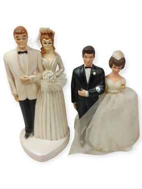 Vintage Plastic Wedding Cake Toppers Lot Of 2 Bride Groom 3.5" T Kitsch